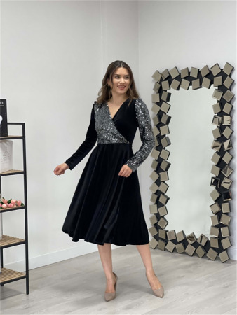 Üst Payet Alt Kadife Elbise - Gümüş - 3