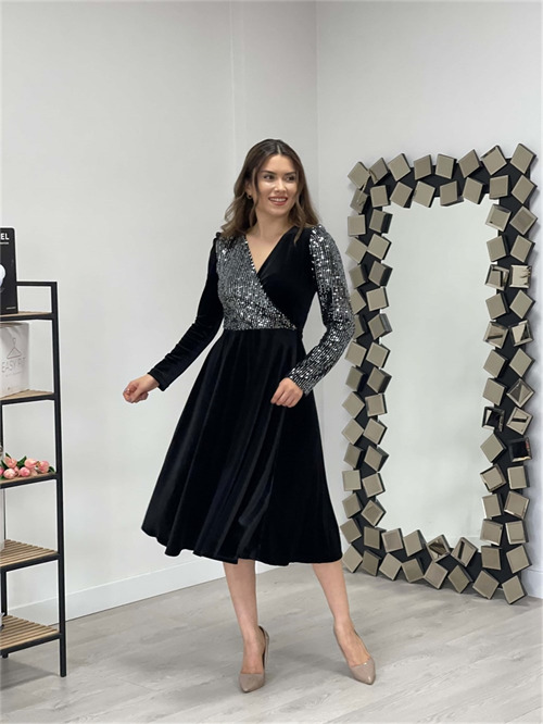 Üst Payet Alt Kadife Elbise - Gümüş - 3