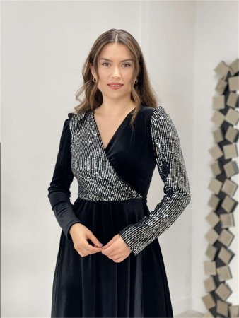 Üst Payet Alt Kadife Elbise - Gümüş - 4