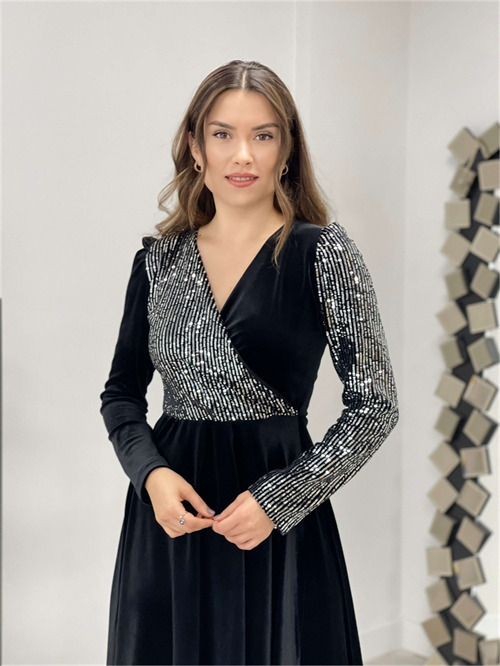 Üst Payet Alt Kadife Elbise - Gümüş - 4