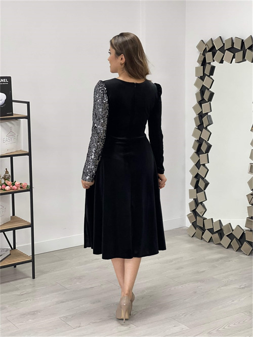 Üst Payet Alt Kadife Elbise - Gümüş - 6