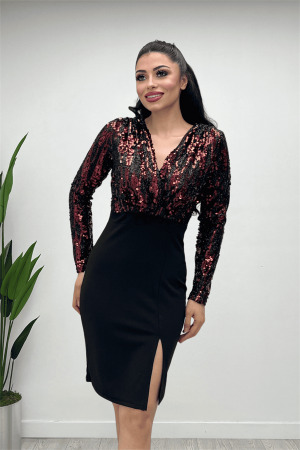 Üst Payet Alt Krep Kumaş Abiye Elbise - BORDO - 4
