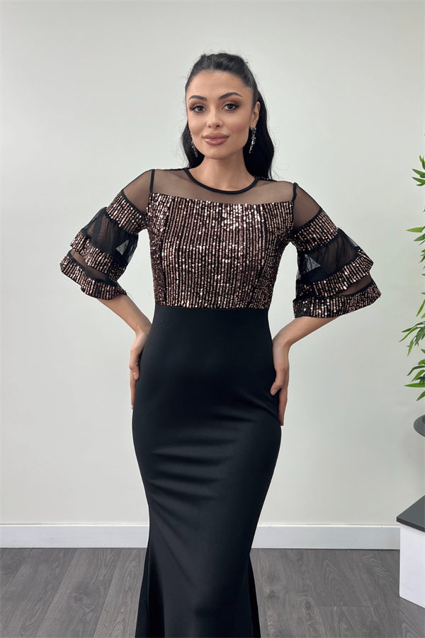 Üst Payet Alt Krep Kumaş Abiye Elbise - Bronz - 3