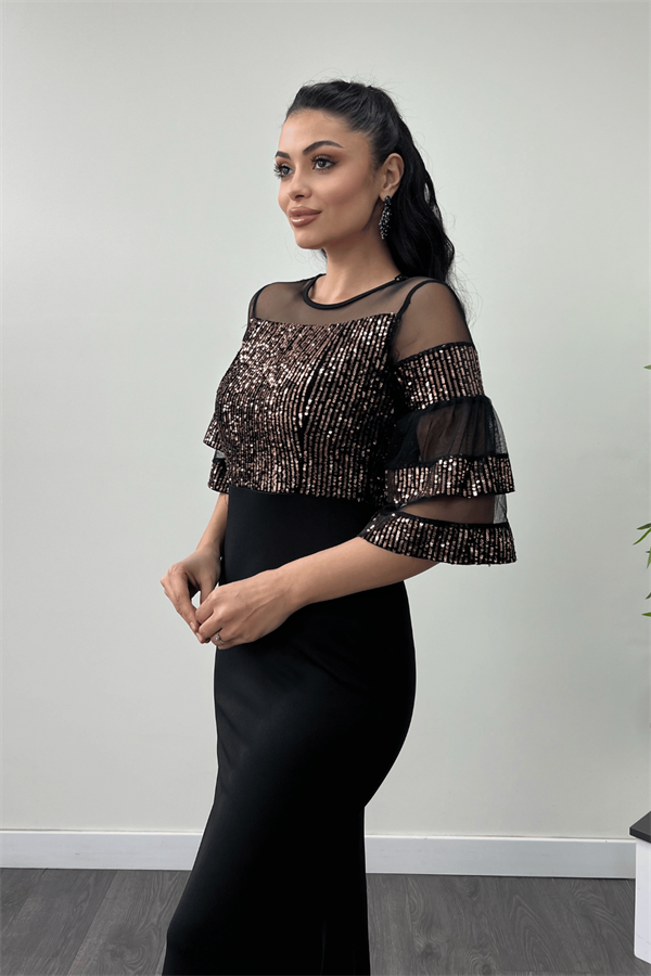 Üst Payet Alt Krep Kumaş Abiye Elbise - Bronz - 4