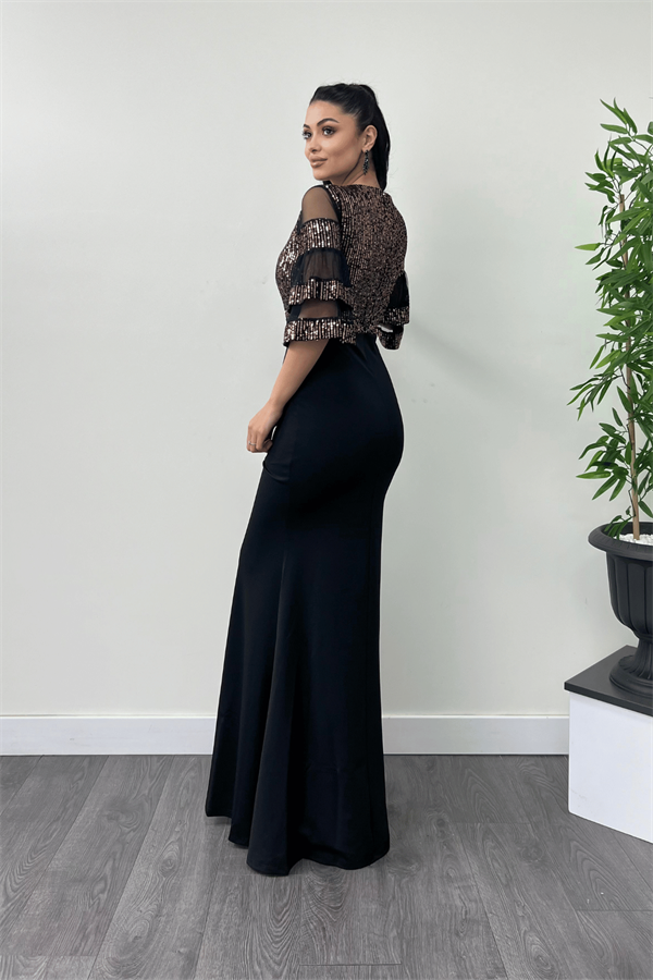 Üst Payet Alt Krep Kumaş Abiye Elbise - Bronz - 5