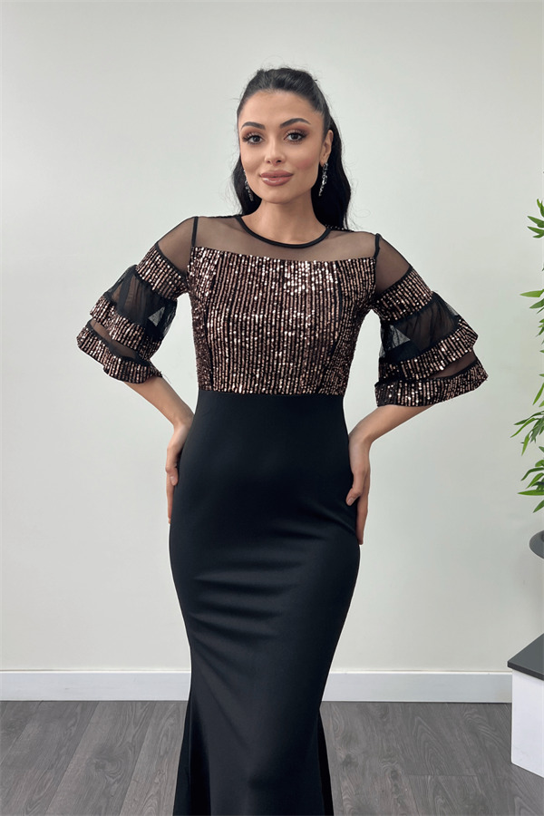 Üst Payet Alt Krep Kumaş Abiye Elbise - Bronz - 3