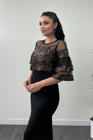 Üst Payet Alt Krep Kumaş Abiye Elbise - Bronz - 4
