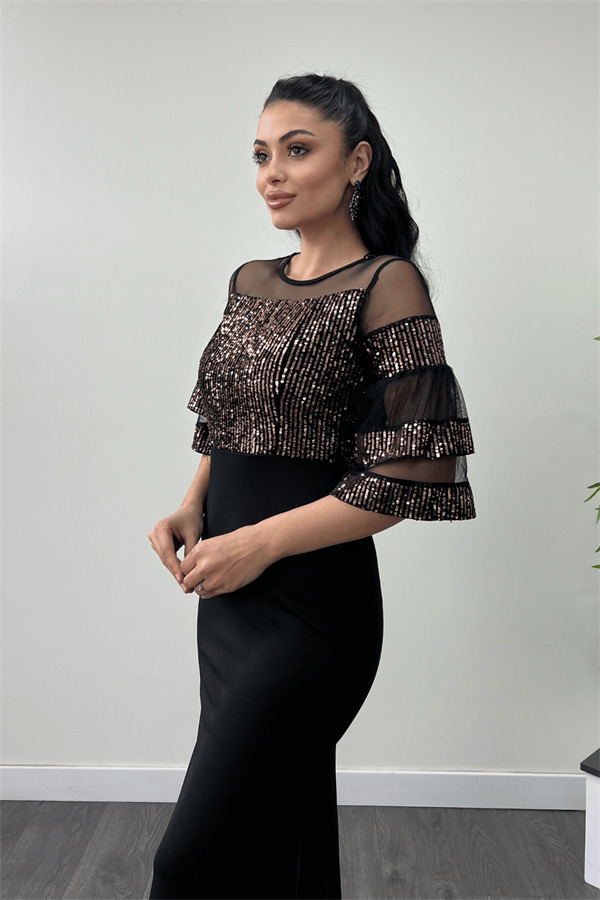 Üst Payet Alt Krep Kumaş Abiye Elbise - Bronz - 4
