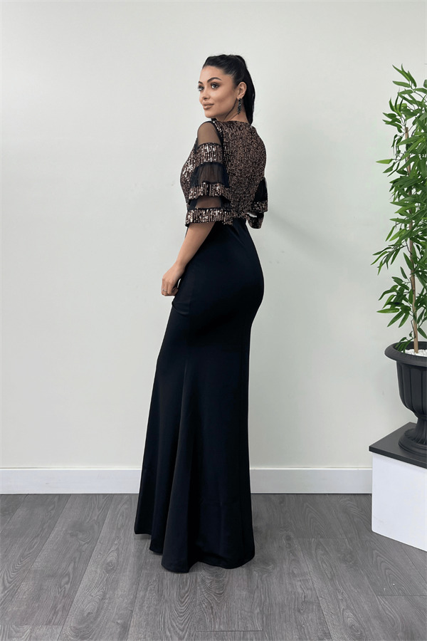 Üst Payet Alt Krep Kumaş Abiye Elbise - Bronz - 5
