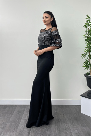 Top Sequin Bottom Crepe Fabric Evening Dress - Silver - Angelino Moda