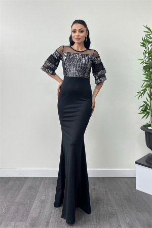 Top Sequin Bottom Crepe Fabric Evening Dress - Silver - Angelino Moda (1)