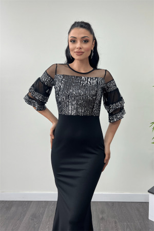 Üst Payet Alt Krep Kumaş Abiye Elbise - Gümüş - 3