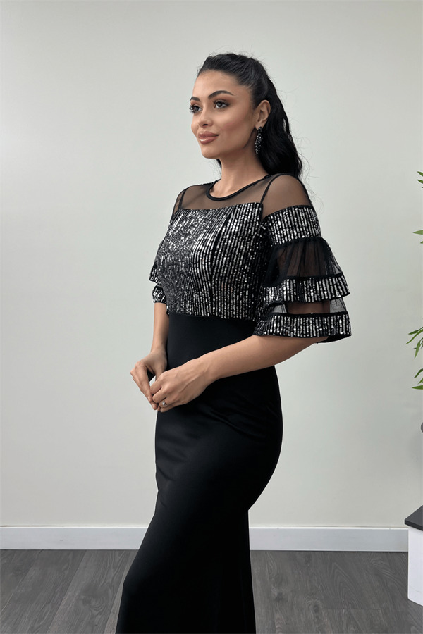 Üst Payet Alt Krep Kumaş Abiye Elbise - Gümüş - 4