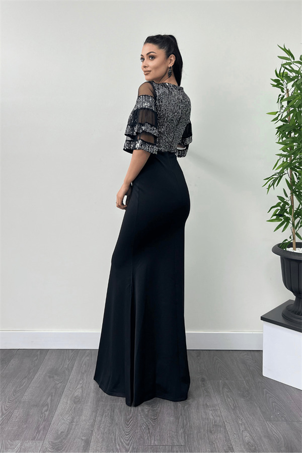 Üst Payet Alt Krep Kumaş Abiye Elbise - Gümüş - 5