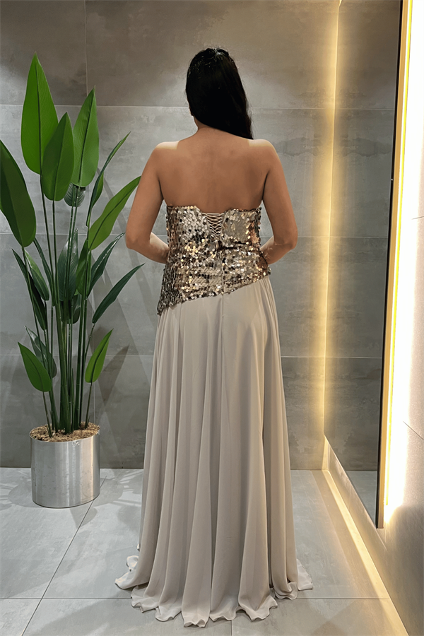 Üst Payet Alt Şifon Tasarım Elbise - GOLD - 5