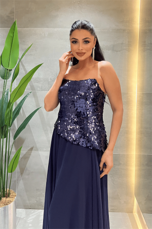 Üst Payet Alt Şifon Tasarım Elbise - LACİVERT - 3