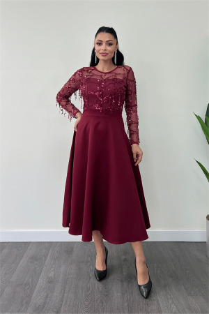 Top Fringed Sequin Bottom Double Fabric Midiboy Dress - MAROON - Angelino Moda