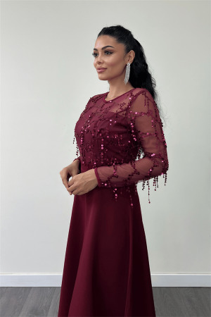 Üst Saçaklı Payet Alt Double Kumaş Midiboy Elbise - BORDO - 3