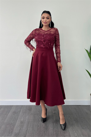 Üst Saçaklı Payet Alt Double Kumaş Midiboy Elbise - BORDO - 4