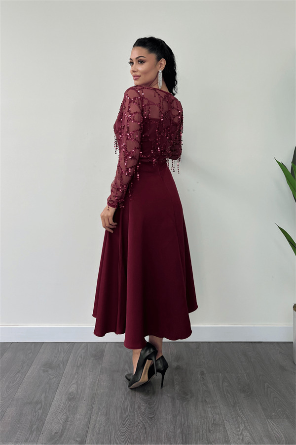 Üst Saçaklı Payet Alt Double Kumaş Midiboy Elbise - BORDO - 5