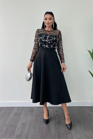 Top Fringed Sequin Bottom Double Fabric Midiboy Dress - SILVER - Angelino Moda