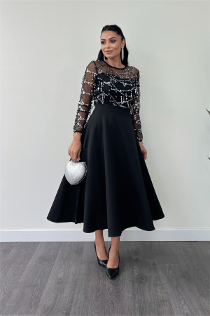 Top Fringed Sequin Bottom Double Fabric Midiboy Dress - SILVER - Angelino Moda (1)