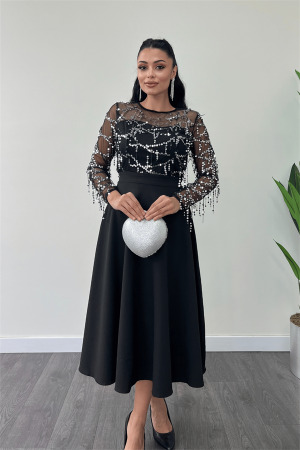 Üst Saçaklı Payet Alt Double Kumaş Midiboy Elbise - GÜMÜŞ - 3