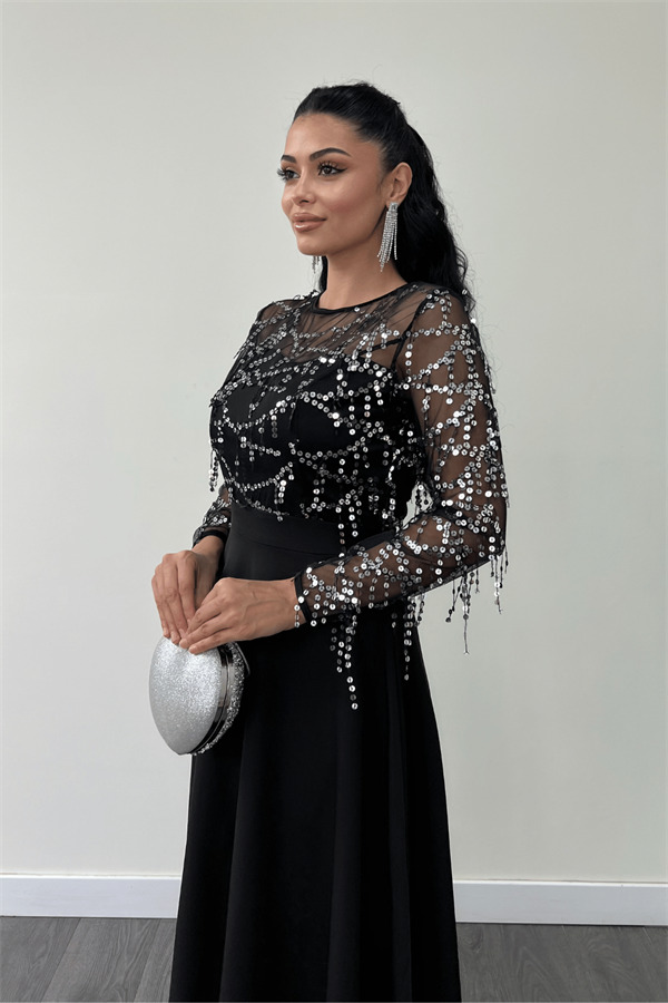 Üst Saçaklı Payet Alt Double Kumaş Midiboy Elbise - GÜMÜŞ - 4