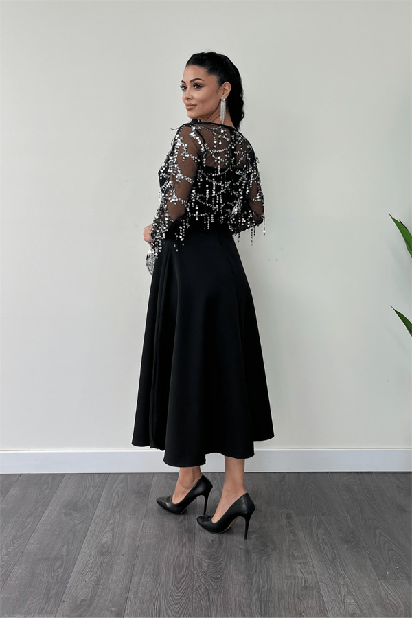 Üst Saçaklı Payet Alt Double Kumaş Midiboy Elbise - GÜMÜŞ - 5