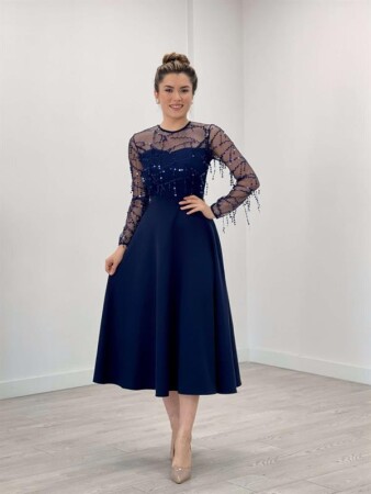Top Fringed Sequin Bottom Double Fabric Midiboy Dress - Navy Blue - Angelino Moda