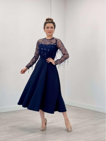 Top Fringed Sequin Bottom Double Fabric Midiboy Dress - Navy Blue - Angelino Moda (1)