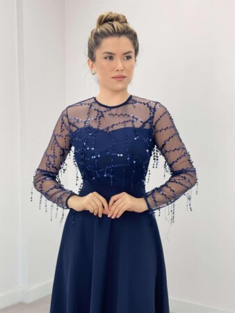 Üst Saçaklı Payet Alt Double Kumaş Midiboy Elbise - LACİVERT - 3