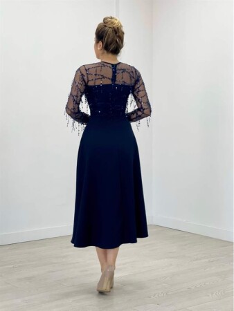 Üst Saçaklı Payet Alt Double Kumaş Midiboy Elbise - LACİVERT - 5