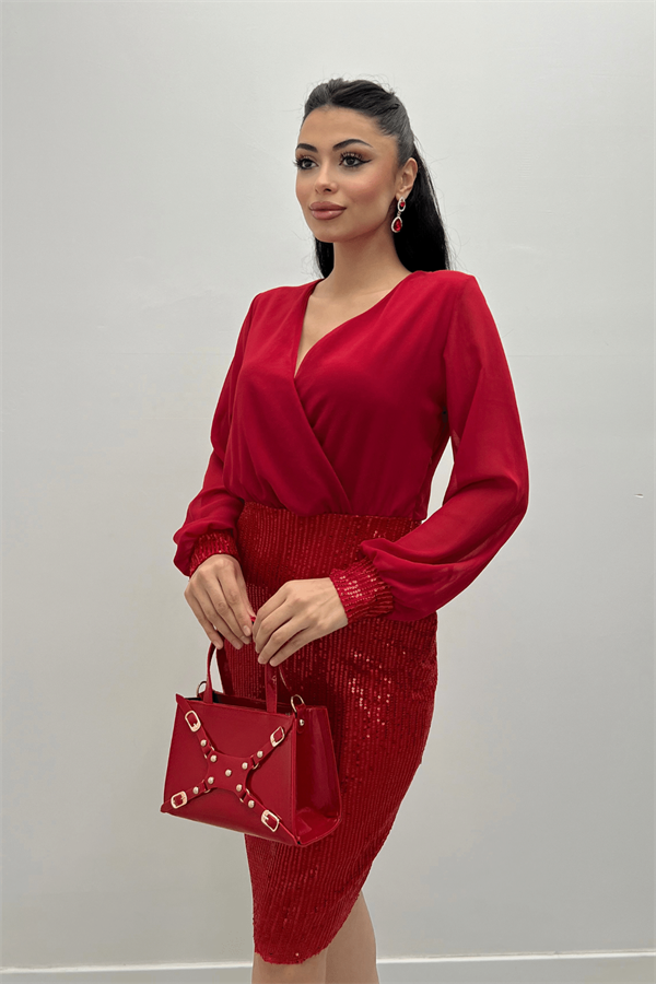 Üstü Şifon Alt Payet Elbise - KIRMIZI - 3