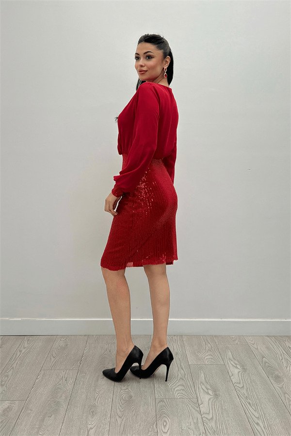 Üstü Şifon Alt Payet Elbise - KIRMIZI - 5