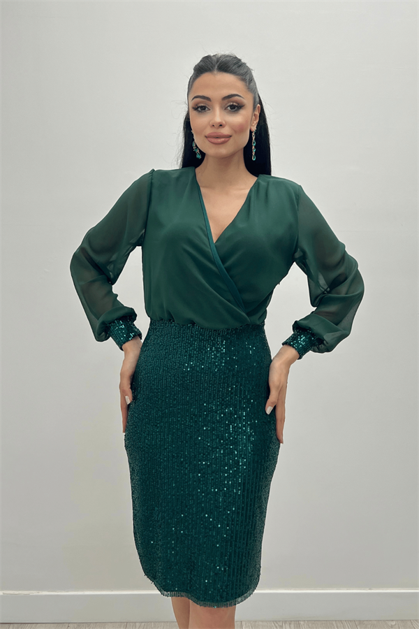Üstü Şifon Alt Payet Elbise - ZÜMRÜT YEŞİL - 1