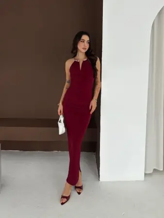 Uzun Abiye Elbise Yırtmaçlı Sırt Dekolteli Şık Gece Elbisesi - Bordo - 1