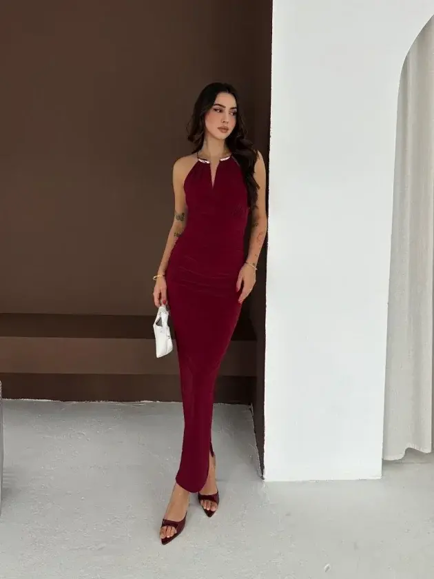 Uzun Abiye Elbise Yırtmaçlı Sırt Dekolteli Şık Gece Elbisesi - Bordo - 1