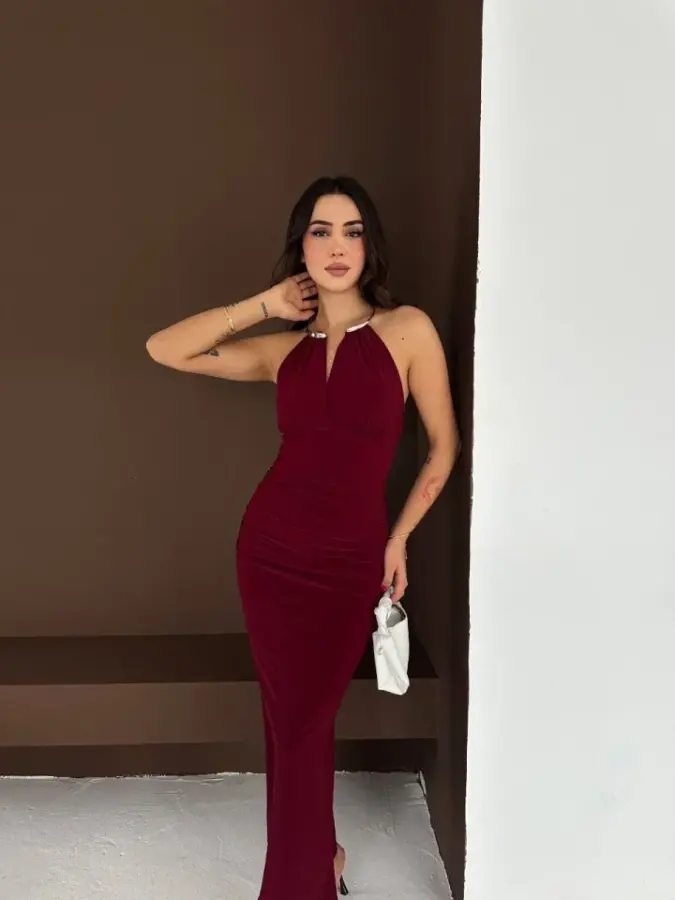 Uzun Abiye Elbise Yırtmaçlı Sırt Dekolteli Şık Gece Elbisesi - Bordo - 4