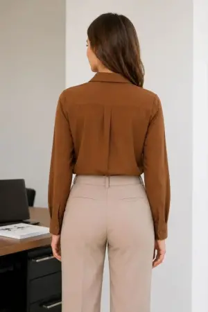 Uzun Kol Gömlek Düğmeli Klasik Yaka Günlük Ve Ofis Şıklığına Uygun - Kahverengi - 3