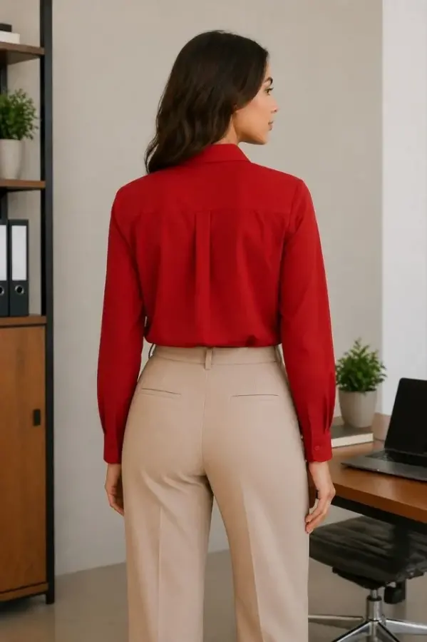 Uzun Kol Gömlek Düğmeli Klasik Yaka Günlük Ve Ofis Şıklığına Uygun - Kırmızı - 3