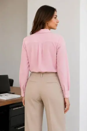 Uzun Kol Gömlek Düğmeli Klasik Yaka Günlük Ve Ofis Şıklığına Uygun - Toz Pembe - 2