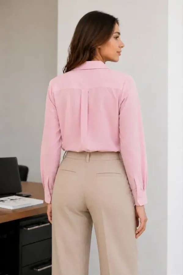 Uzun Kol Gömlek Düğmeli Klasik Yaka Günlük Ve Ofis Şıklığına Uygun - Toz Pembe - 2