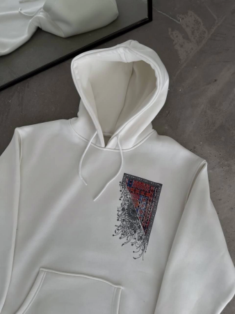 Uzun Kol Kapşonlu Ön Ve Arka Baskılı SweatShirt - Beyaz - 1