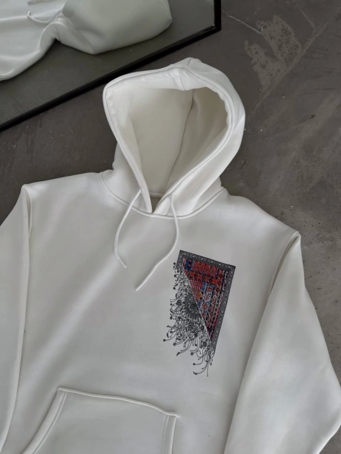 Uzun Kol Kapşonlu Ön Ve Arka Baskılı SweatShirt - Beyaz - 1