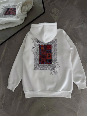Uzun Kol Kapşonlu Ön Ve Arka Baskılı SweatShirt - Beyaz - 2