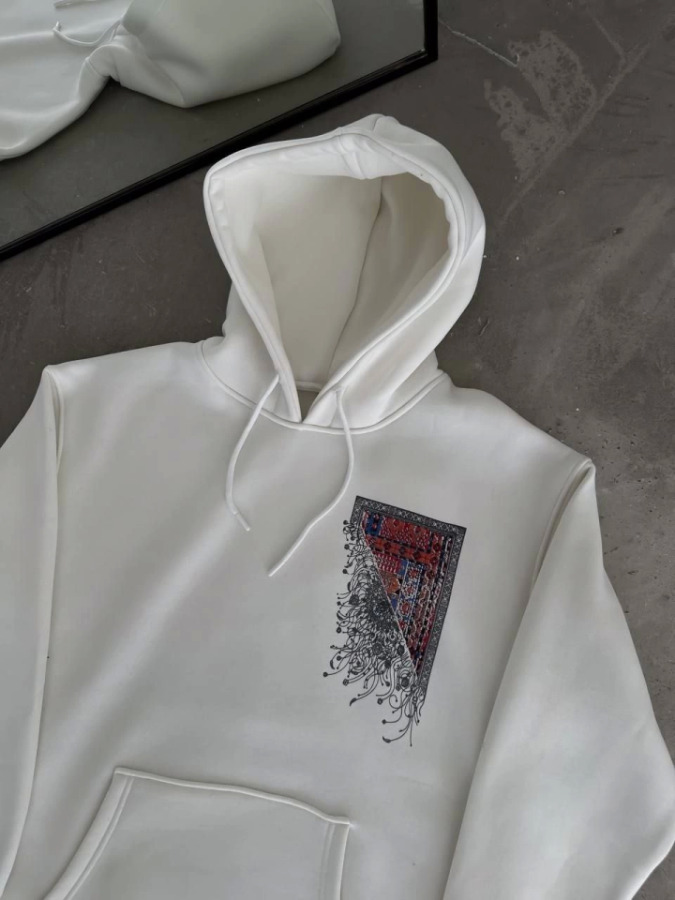 Uzun Kol Kapşonlu Ön Ve Arka Baskılı SweatShirt - Beyaz - 1