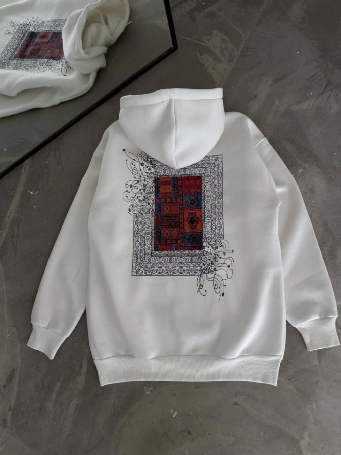 Uzun Kol Kapşonlu Ön Ve Arka Baskılı SweatShirt - Beyaz - 2