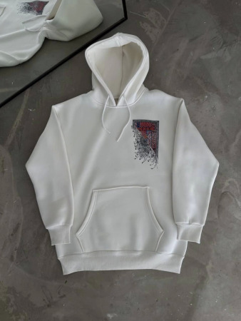 Uzun Kol Kapşonlu Ön Ve Arka Baskılı SweatShirt - Beyaz - 3