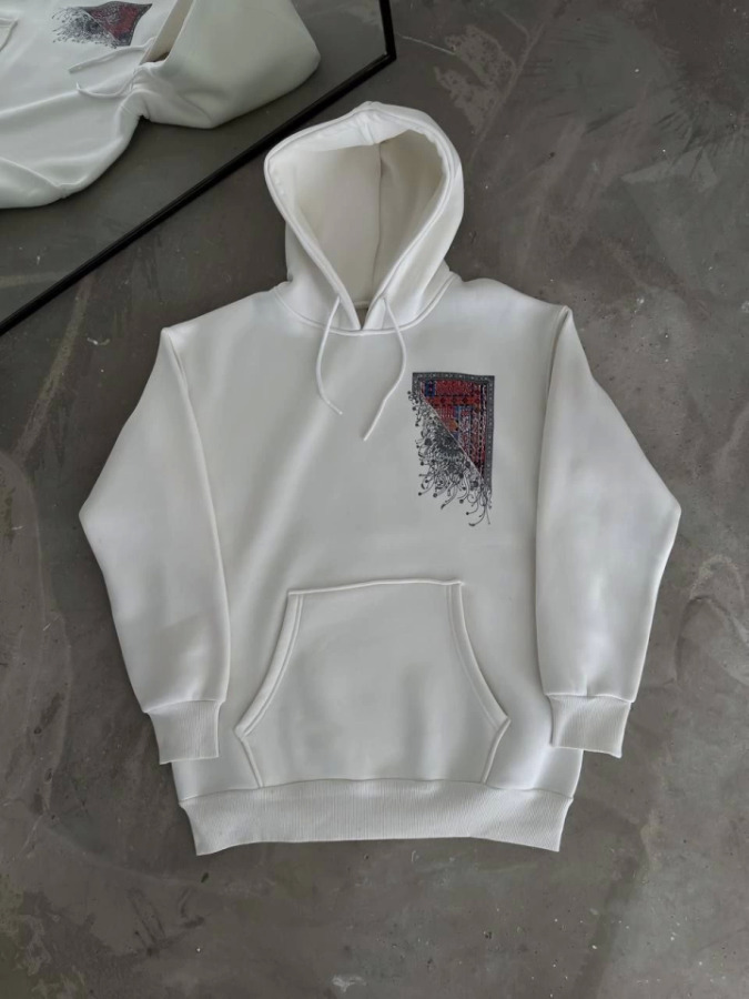 Uzun Kol Kapşonlu Ön Ve Arka Baskılı SweatShirt - Beyaz - 3